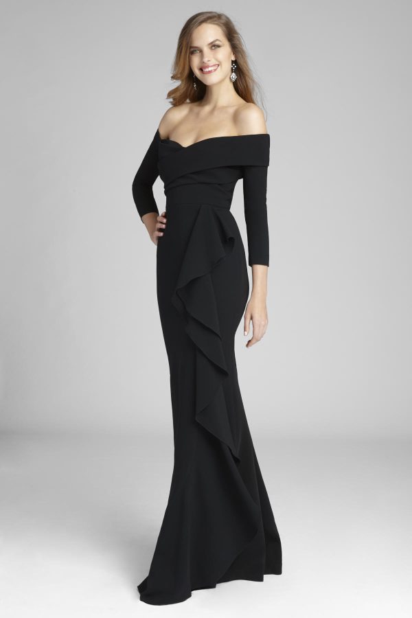 off the shoulder ruffle gown