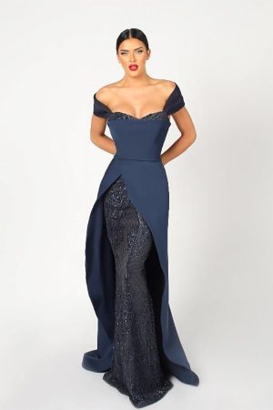 Navy Long Off The Shoulder Gown