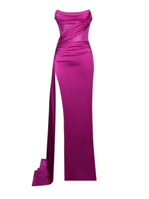 Holly Fuchsia Crystal Corset High Slit Satin Gown - Image 3