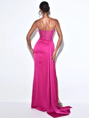 Holly Fuchsia Crystal Corset High Slit Satin Gown - Image 4