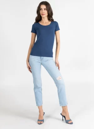 Bamboo Short Sleeve Scoop Neck Top in denim - Image 2