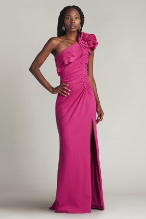 PIKE DRAPED ROSETTE SHOULDER GOWN in water lily