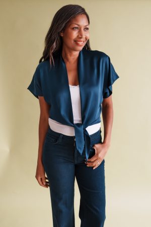 SAMANTHA TIE satin BLOUSE In navy - SMALL - Image 5