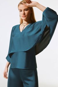 Cypress Satin V-Neck Layered Top in Twilight - Image 3