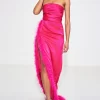 Perrin Fuchsia Pink Feather Dress High Slit Gown - XL - Image 4