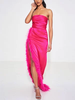 Perrin Fuchsia Pink Feather Dress High Slit Gown - XL - Image 4