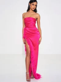 Perrin Fuchsia Pink Feather Dress High Slit Gown - XL - Image 5