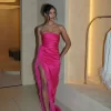 Perrin Fuchsia Pink Feather Dress High Slit Gown - XL