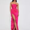 Perrin Fuchsia Pink Feather Dress High Slit Gown - XL - Image 6