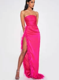 Perrin Fuchsia Pink Feather Dress High Slit Gown - XL - Image 7