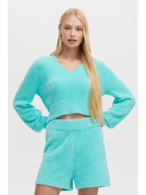 MARINA V-Neck Fuzzy Sweater in sea - coming soon