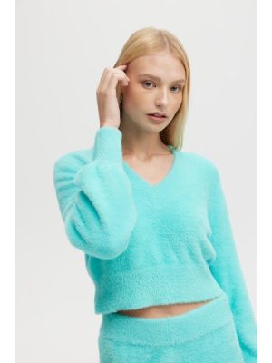 MARINA V-Neck Fuzzy Sweater in sea - coming soon - Image 3