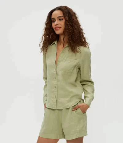 Spencer Linen Button Down Top in seacrest