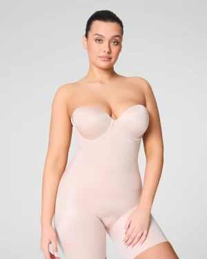 Strapless Cupped Mid-Thigh Bodysuit in champagne