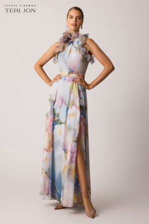 Sutherns Watercolor Organza Halter Gown
