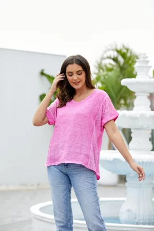 Brynn Linen Top in Fuchsia