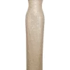 Lainey Gold Satin Sequin Pearls Beaded Maxi Dress - Image 3