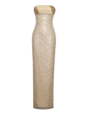 Lainey Gold Satin Sequin Pearls Beaded Maxi Dress - Image 3