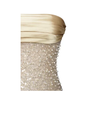 Lainey Gold Satin Sequin Pearls Beaded Maxi Dress - Image 2