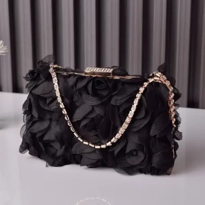 Angie Chiffon Flower clutch in black