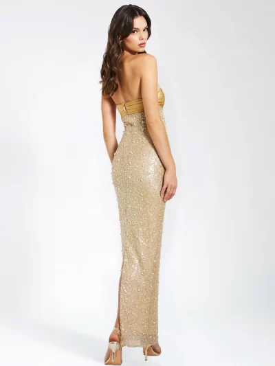 Lainey Gold Satin Sequin Pearls Beaded Maxi Dress - Image 7