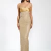 Lainey Gold Satin Sequin Pearls Beaded Maxi Dress - Image 5