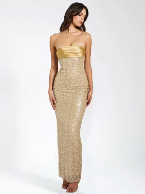 Lainey Gold Satin Sequin Pearls Beaded Maxi Dress - Image 5