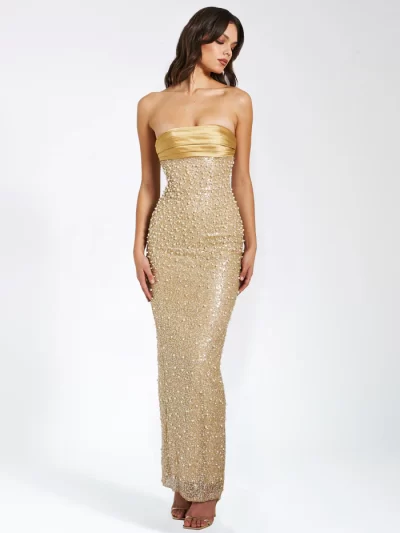 Lainey Gold Satin Sequin Pearls Beaded Maxi Dress - Image 5