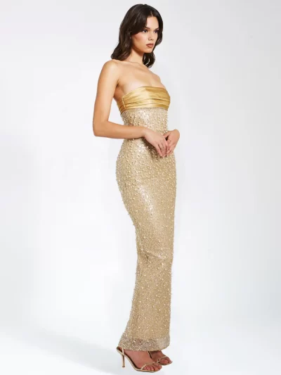Lainey Gold Satin Sequin Pearls Beaded Maxi Dress - Image 4