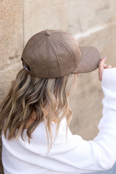 Quilted Puffer Ball Cap in taupe - Image 2