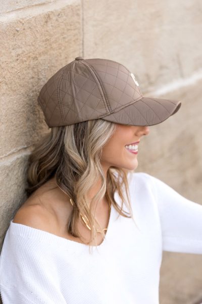Quilted Puffer Ball Cap in taupe - Image 3