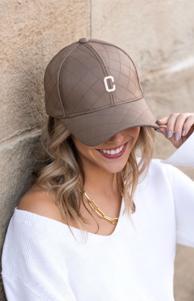 Quilted Puffer Ball Cap in taupe