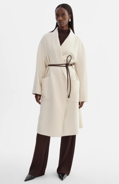 THARA Shawl Collar Wool Coat in Whisper White